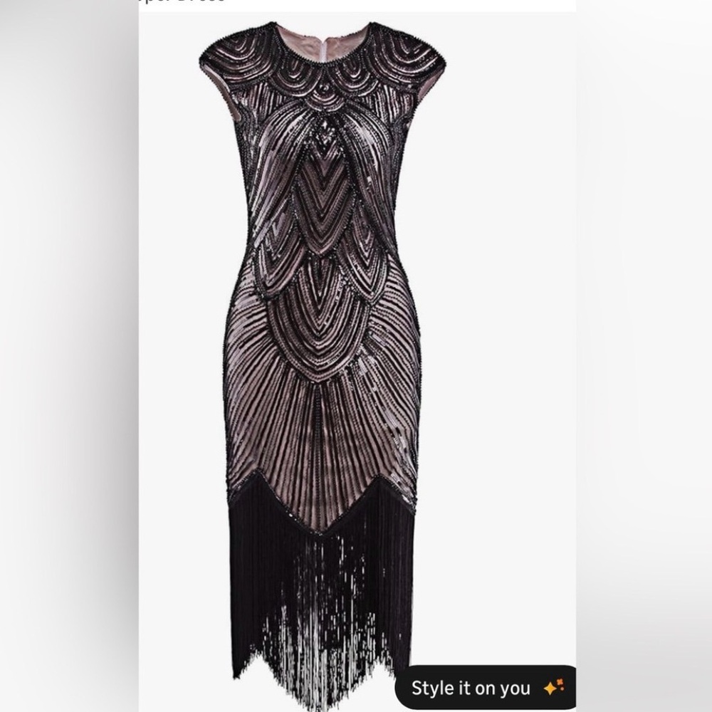 Flapper Fringe Dress- Elegant Beaded Black & Nude